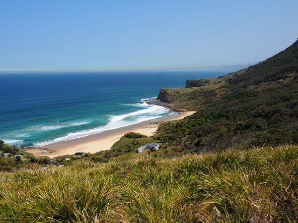 A view from halfway down the hill on the Figure Eight Pools and Burning Palms walk. Burning Palms Beach sits behind Burning Palms Surf Life Saving Club at the foot of the hill. Figure Eight Pools is at the base of the second headland.